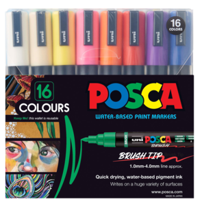 Uni Posca 1-4mm Medium Brush Tip 16 Pack - Assorted