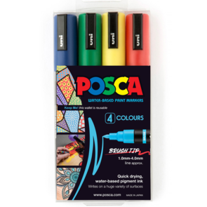 Uni Posca 1-4mm Medium Brush Tip 4 Pack - Assorted