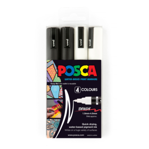 Uni Posca 1-4mm Medium Brush Tip 4 Pack - Black and White