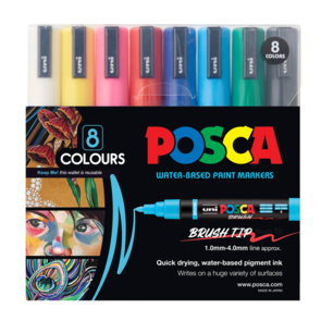 Uni Posca 1-4mm Medium Brush Tip 8 Pack - Assorted