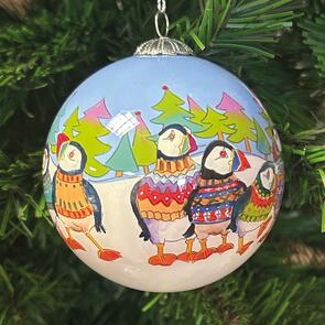 Emma Ball Woolly Puffins Hand-Painted Glass Bauble