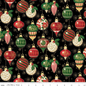 Riley Blake Poinsettias at Christmas || Ornaments  - Black Foil