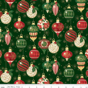 Riley Blake Poinsettias at Christmas || Ornaments  - Green Foil