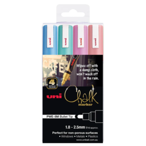 UNI Chalk Marker 1.8-2.5mm Bullet Tip 4 Pack Metallic