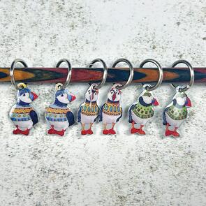 Emma Ball Wooly Puffins Stitch Markers in Tin