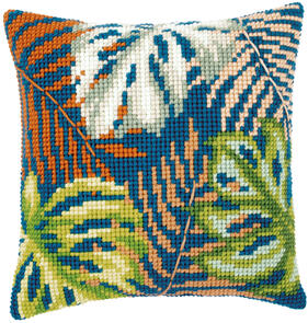Vervaco Cross Stitch Cushion Kit Botanical Leaves (on Blue)