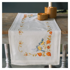 Vervaco Cross Stitch Table Runner Kit - Chickadees with Cape Gooseberry
