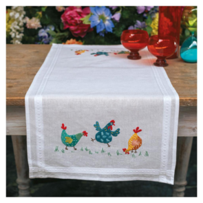 Vervaco Embroidery Table Runner Kit - Colourful Chickens