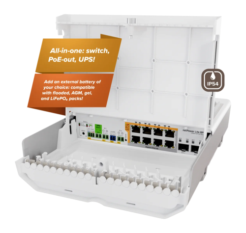 netPower Lite 8P Compact PoE switch with built-in UPS and smart battery charger
