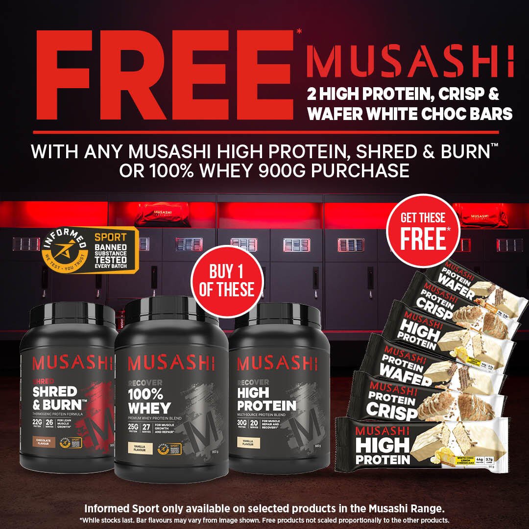 Musashi 900g and white protein bars promo 