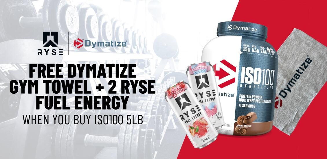 Dymatize iso 100 5lb with gym towel & Ryse Cans 