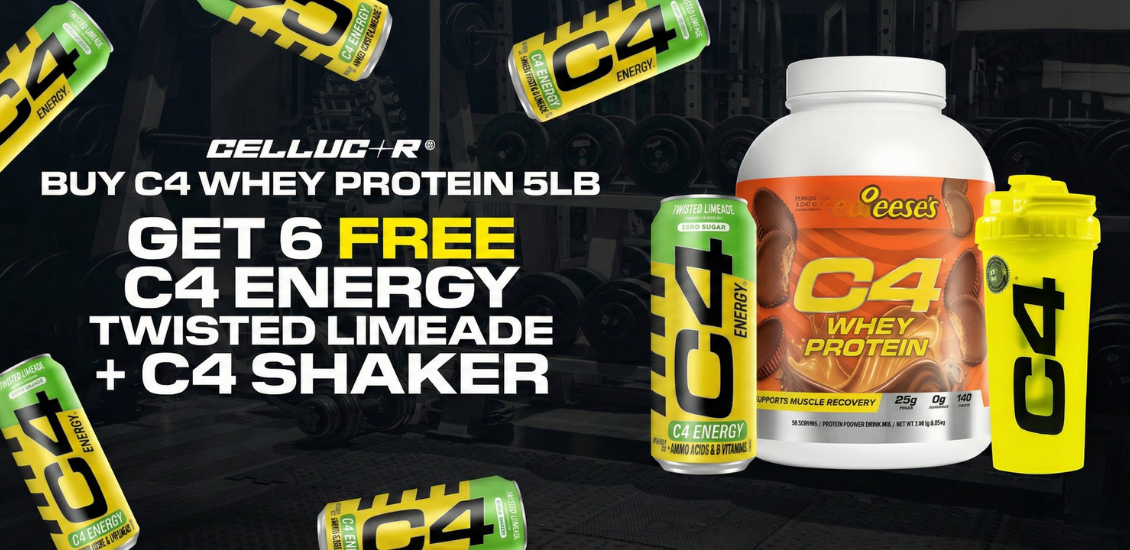 C4 whey protein shaker and 6 cans