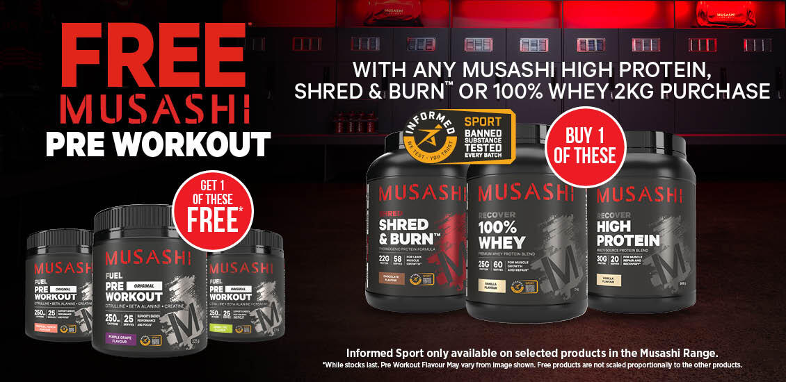 Musashi 2kg protein and pre workout 