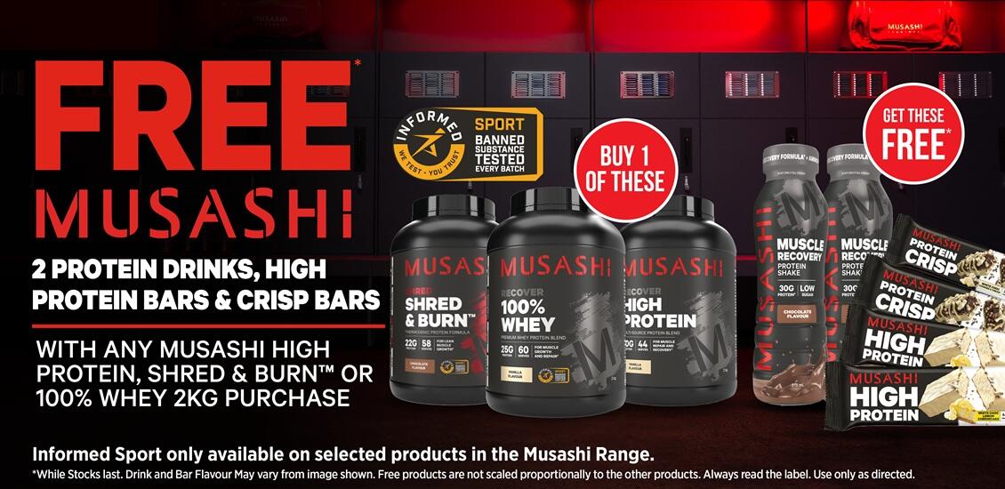 Musashi 2kg tubs and rtds + protein bars 
