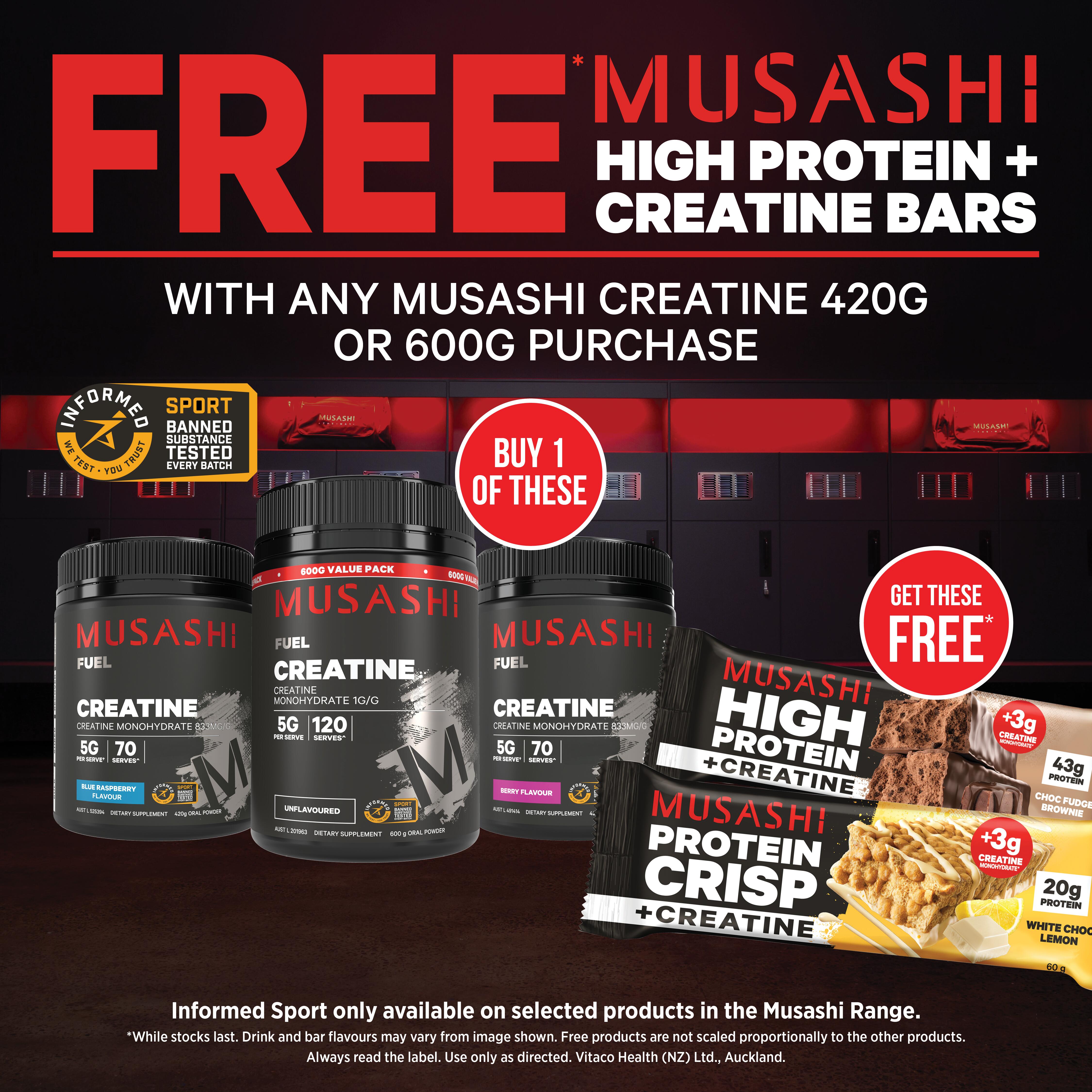 Musashi Creatine and 2 bars 