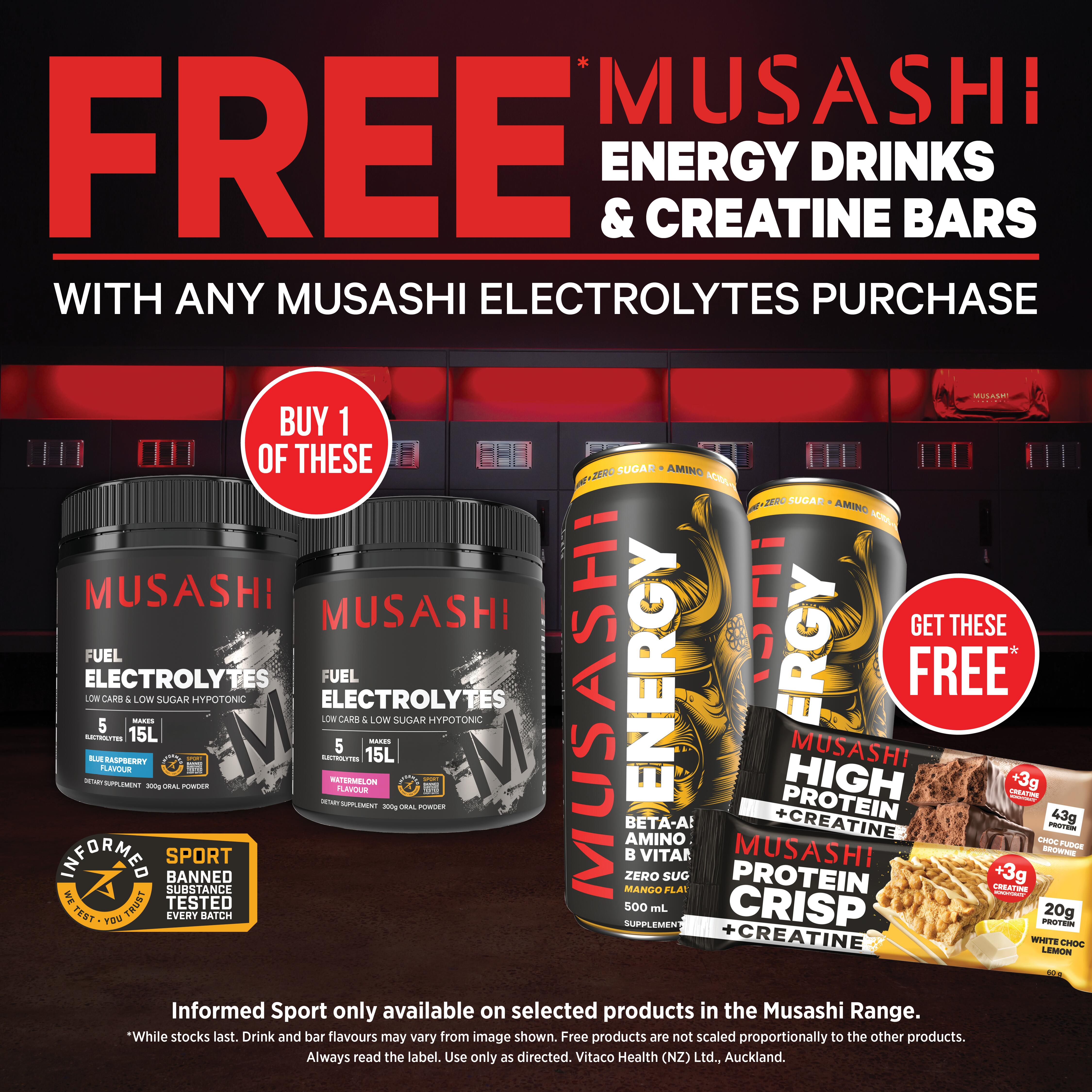 Musashi Electrolytes 2 bars and 2 energy drinks 