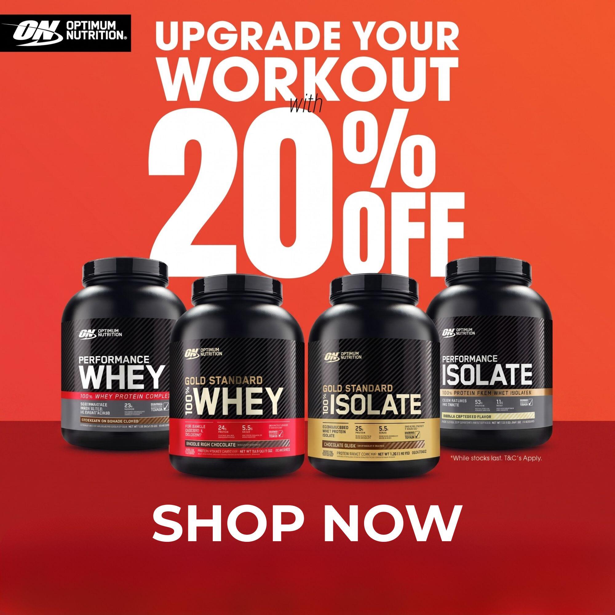 Optimum nutrition 20% off protein banner 