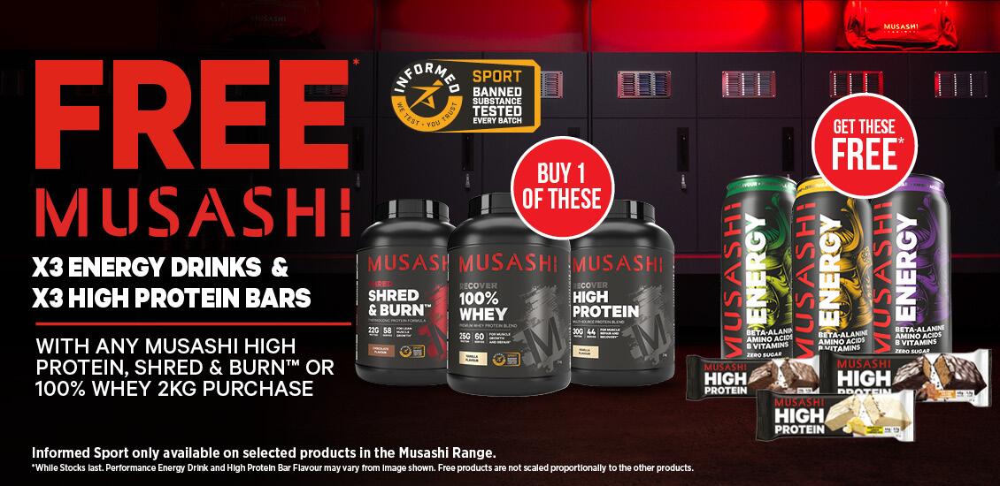 Musashi 3 high bars and 3 energy cans